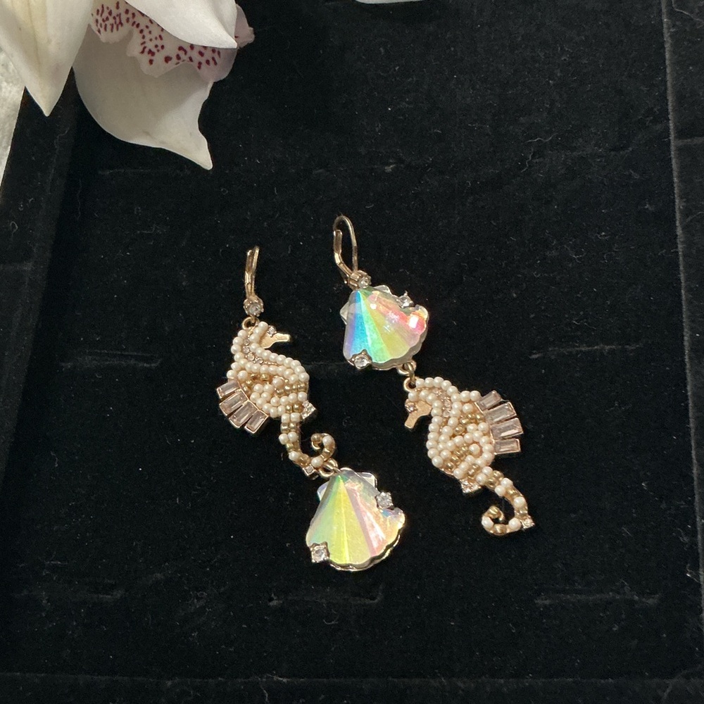 Betsey Johnson Gold Seahorse Earrings with Iridescent Shells